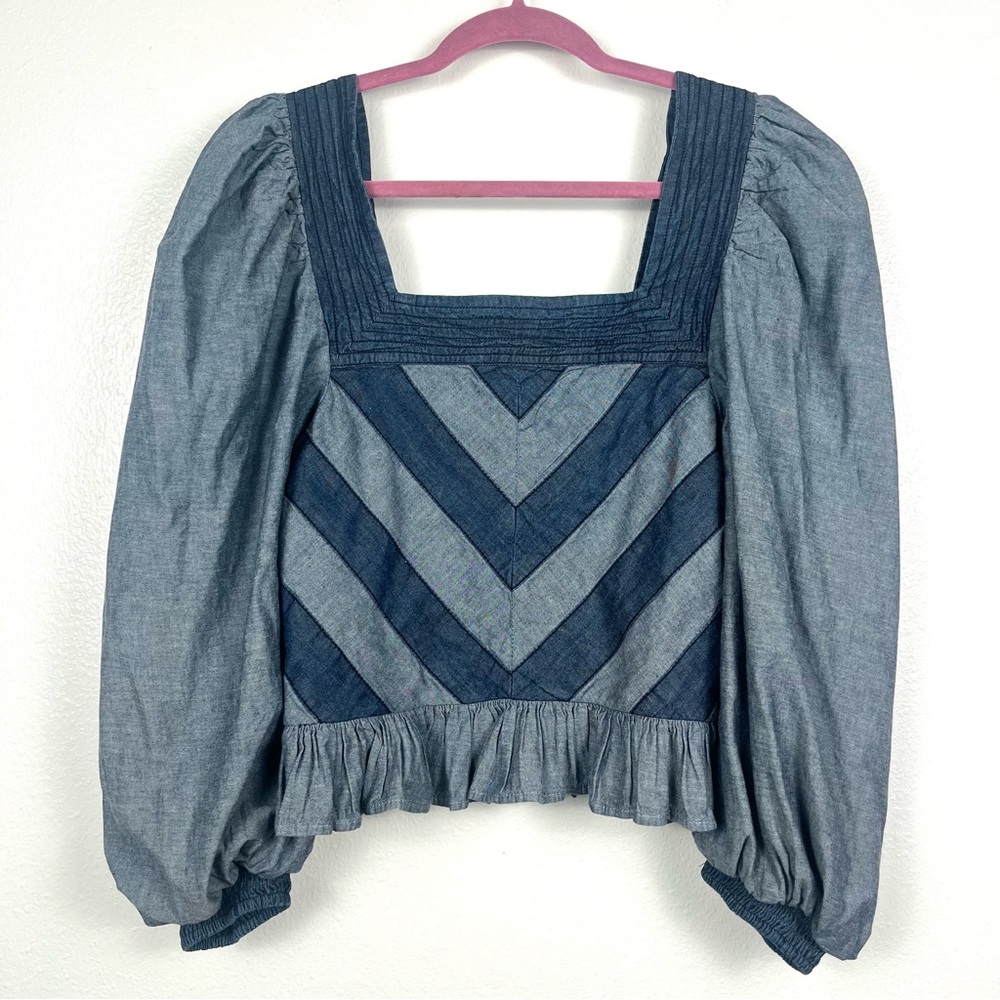 Anthropologie Love The Label Denim Patchwork Puff-Sleeve Smocked Top Small - Picture 2 of 6
